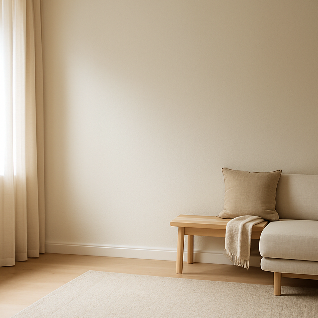 A peaceful empty corner in a beige-toned living room with light wood flooring and natural light streaming in from the side.