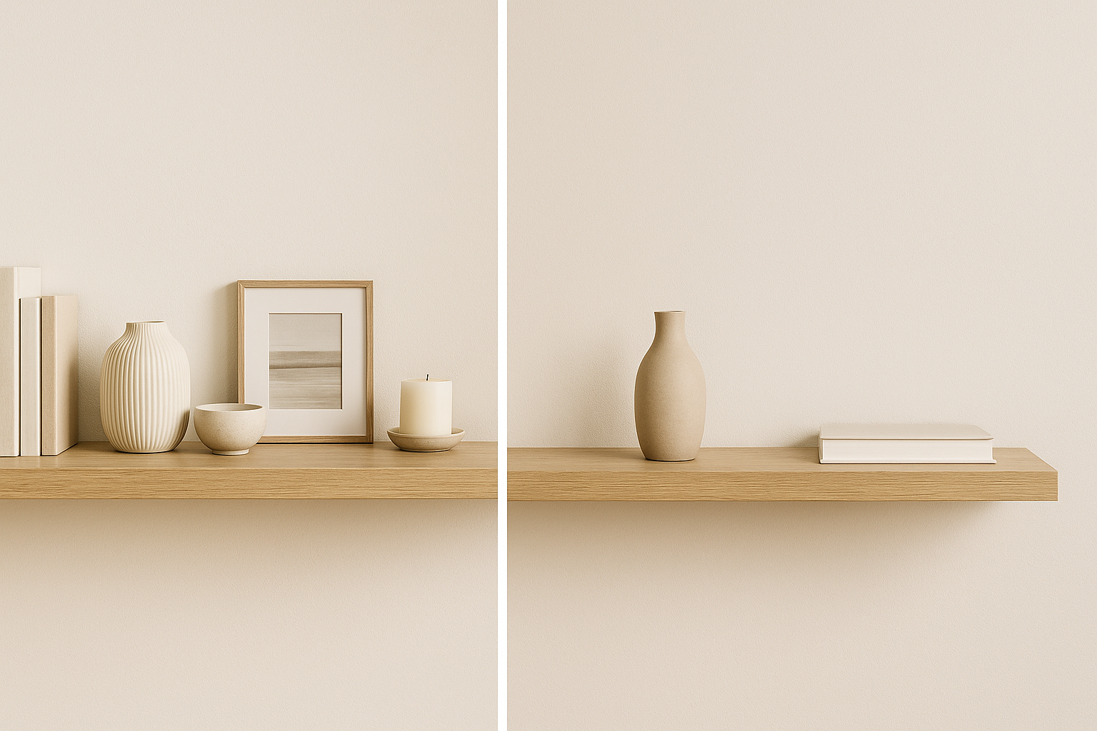 Side by side view of two styled shelves: one clttered with decor, the other minimal with just a vase and books, showing the effect of spacing.