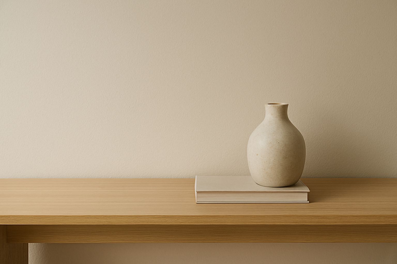 A close-up of a wooden console with a single ceramic vase and two books grouped to one side, the rest of the surface left empty.