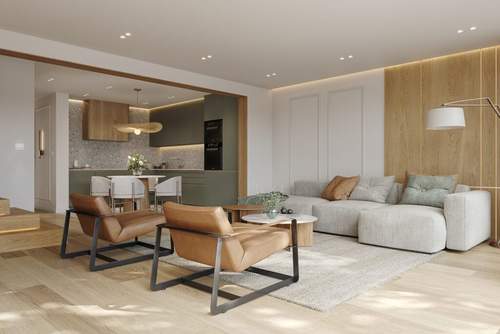 Modern living room with natural tones, clean lines, and warm wood accents.