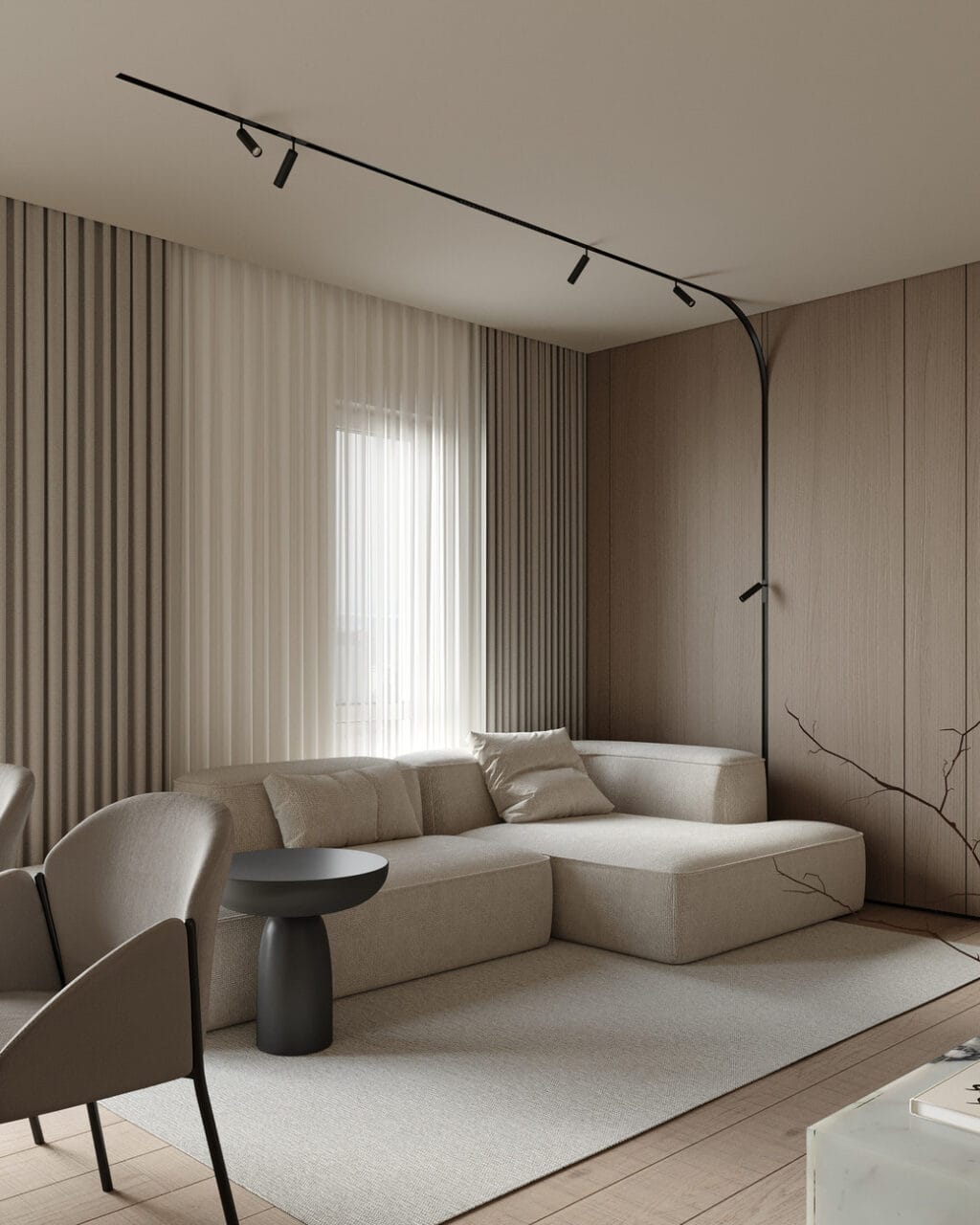 Modern living room with natural tones, clean lines, and warm wood accents.