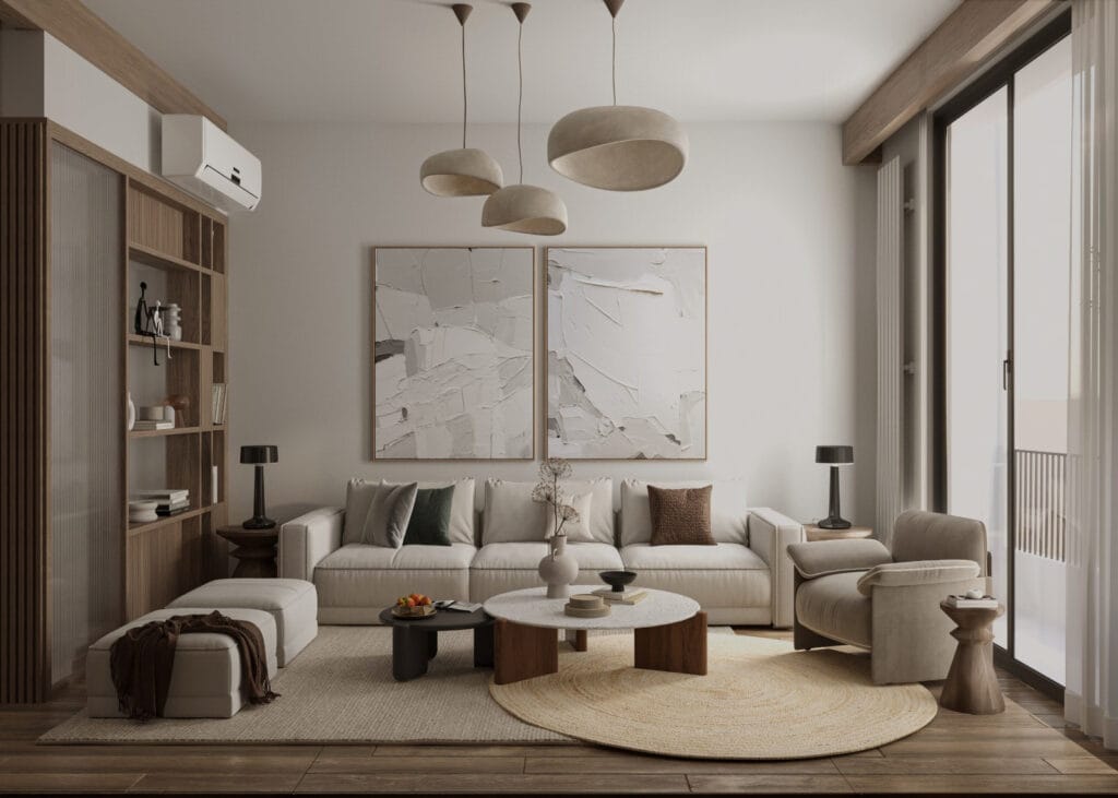 Modern living room with natural tones, clean lines, and warm wood accents.