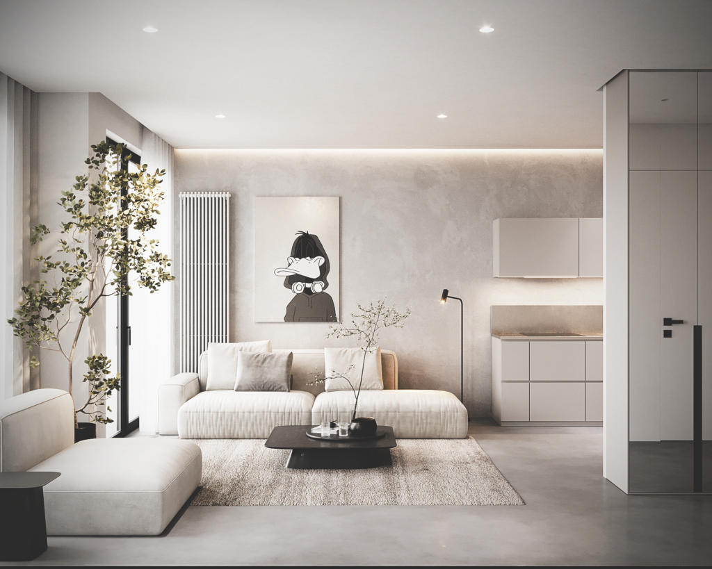 Modern living room with natural tones, clean lines, and warm wood accents.