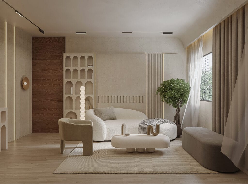 Modern living room with natural tones, clean lines, and warm wood accents.