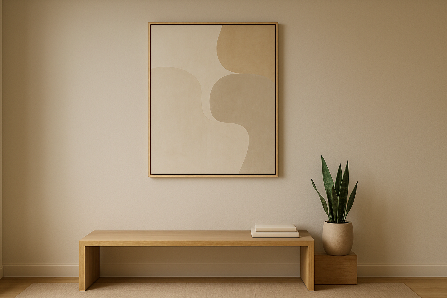 A modern living room wall featuring one large abstract painting above a low bench with a single potted plant, surrounded by empty wall space.