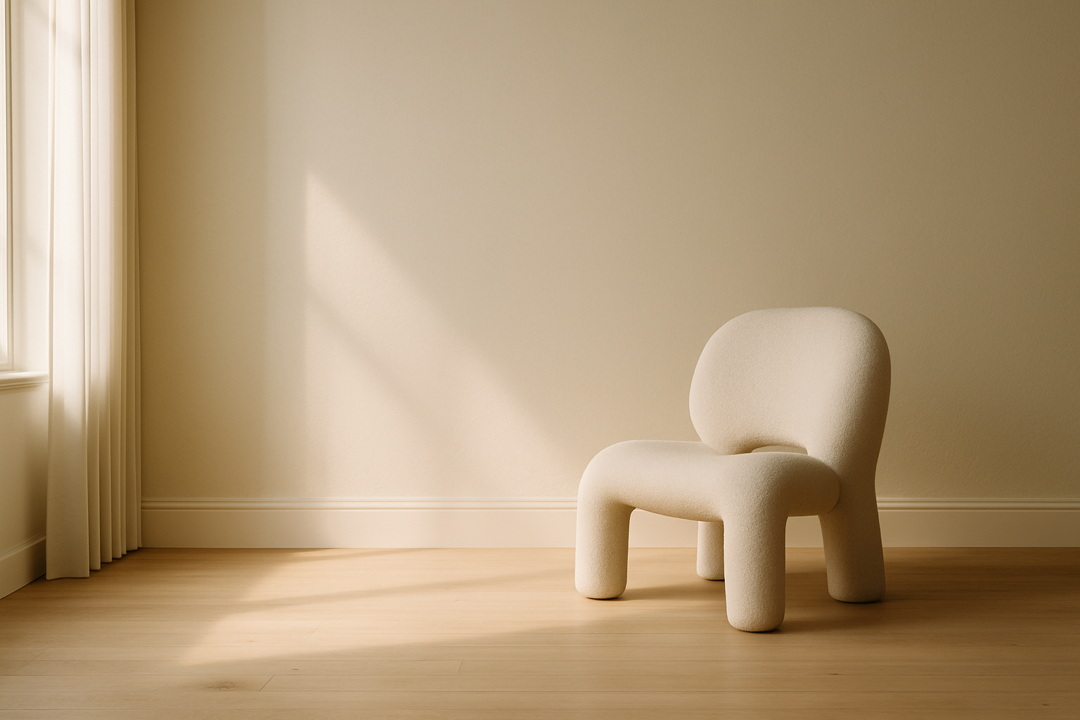 A minimalist living room with a sculptural chair placed on one side, leaving the rest of the room open and empty, with soft daylight.