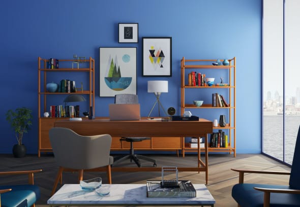Eclectic interior design with colorful furniture and wood bookshelves