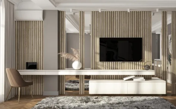 TV placed above a modern biofireplace in a cozy setting