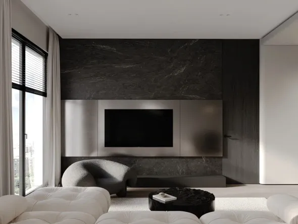 Classic living room with TV over a decorative fireplace