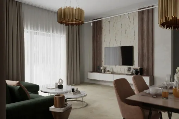 Large format marble-style panel used as a TV backdrop