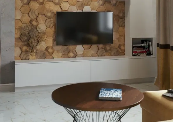 Monochrome modular furniture system under wall-mounted TV