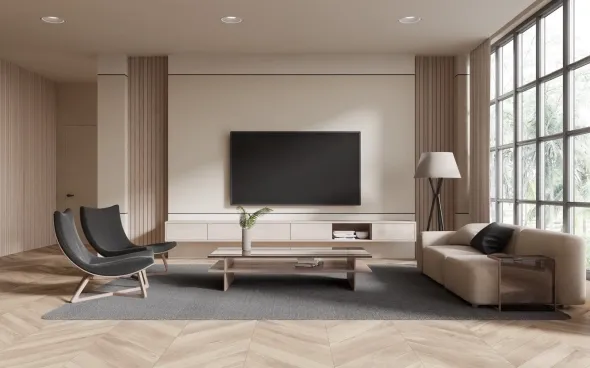 Modern style TV wall with beige furniture and floating TV